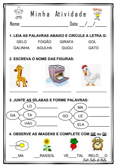exercícios letra g alfabetização