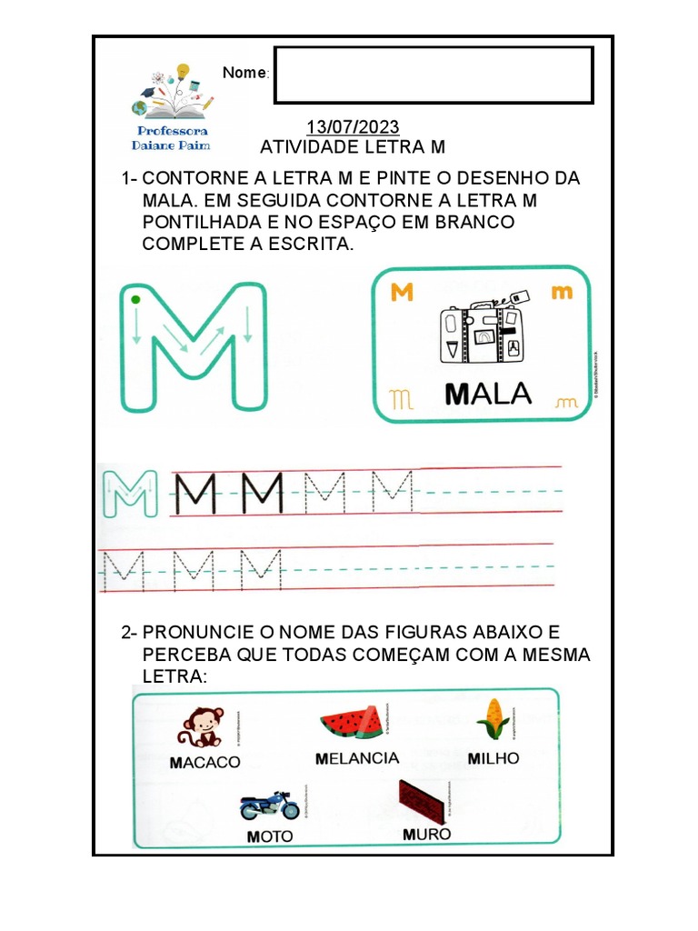 custo material atividades letra m 1 ano