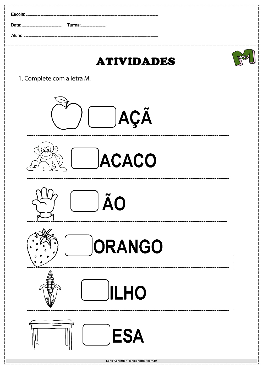 atividades com a letra m 1 ano