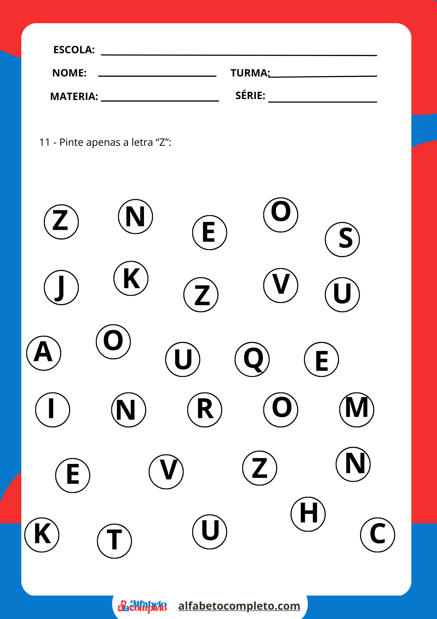 custo de materiais para atividades com a letra Z