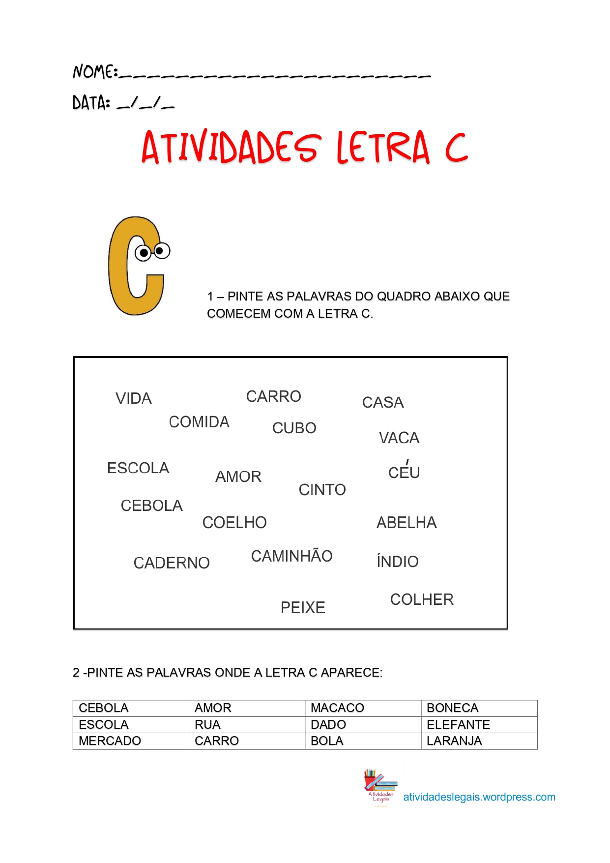 atividades criativas com a letra c para educação infantil