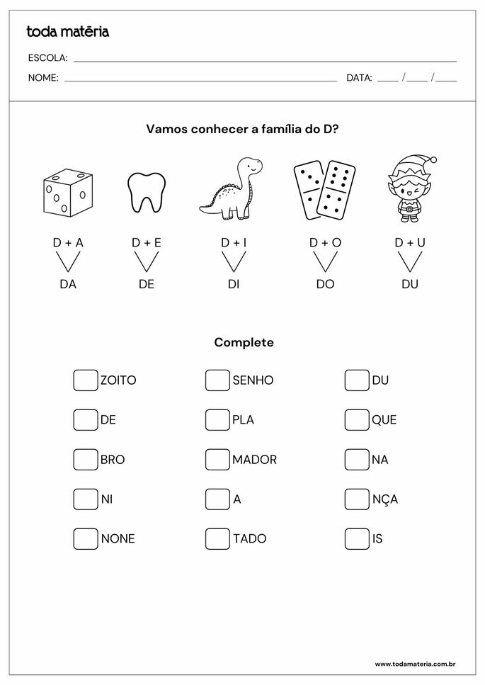 atividades com as sílabas da de di do du