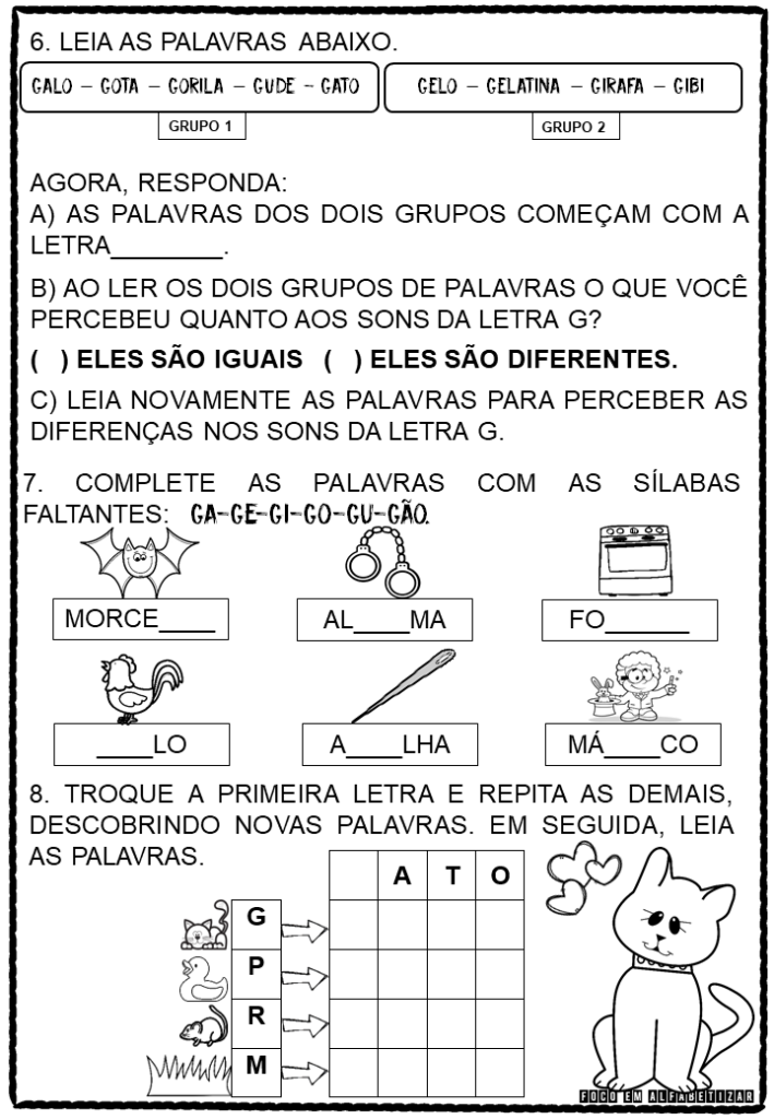 exercicios de alfabetizacao letra g 2 ano