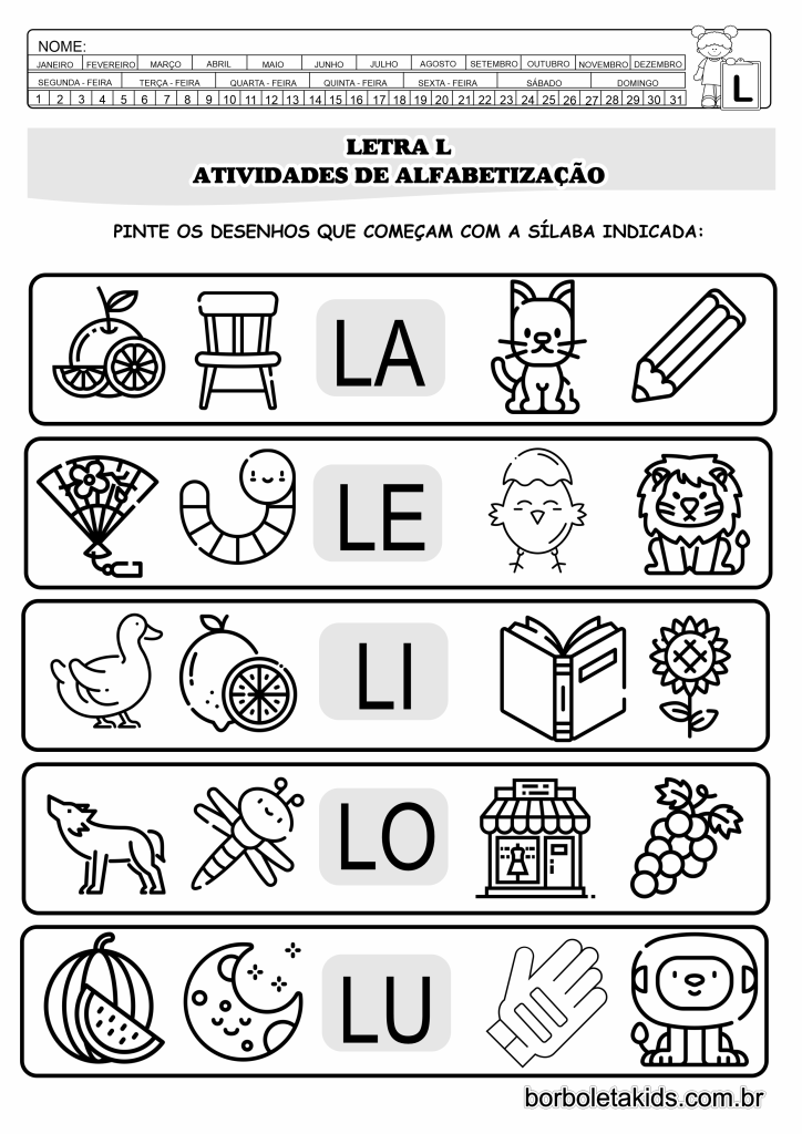 custo de materiais para atividades com a letra l