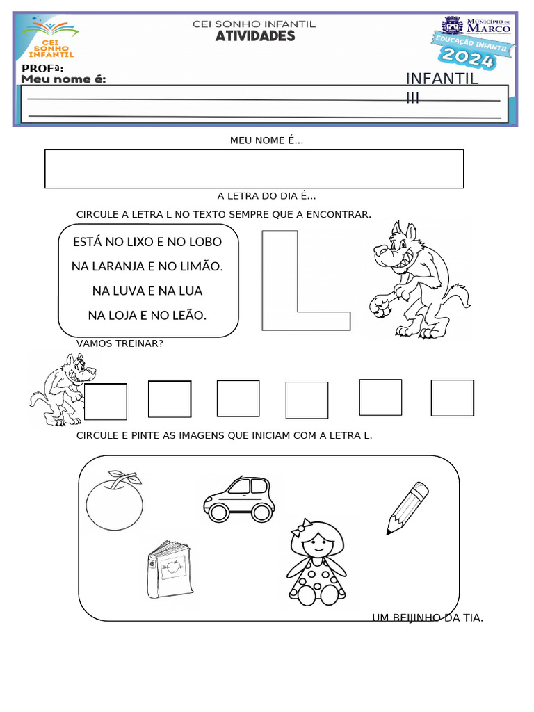 atividades com a letra l para educação infantil