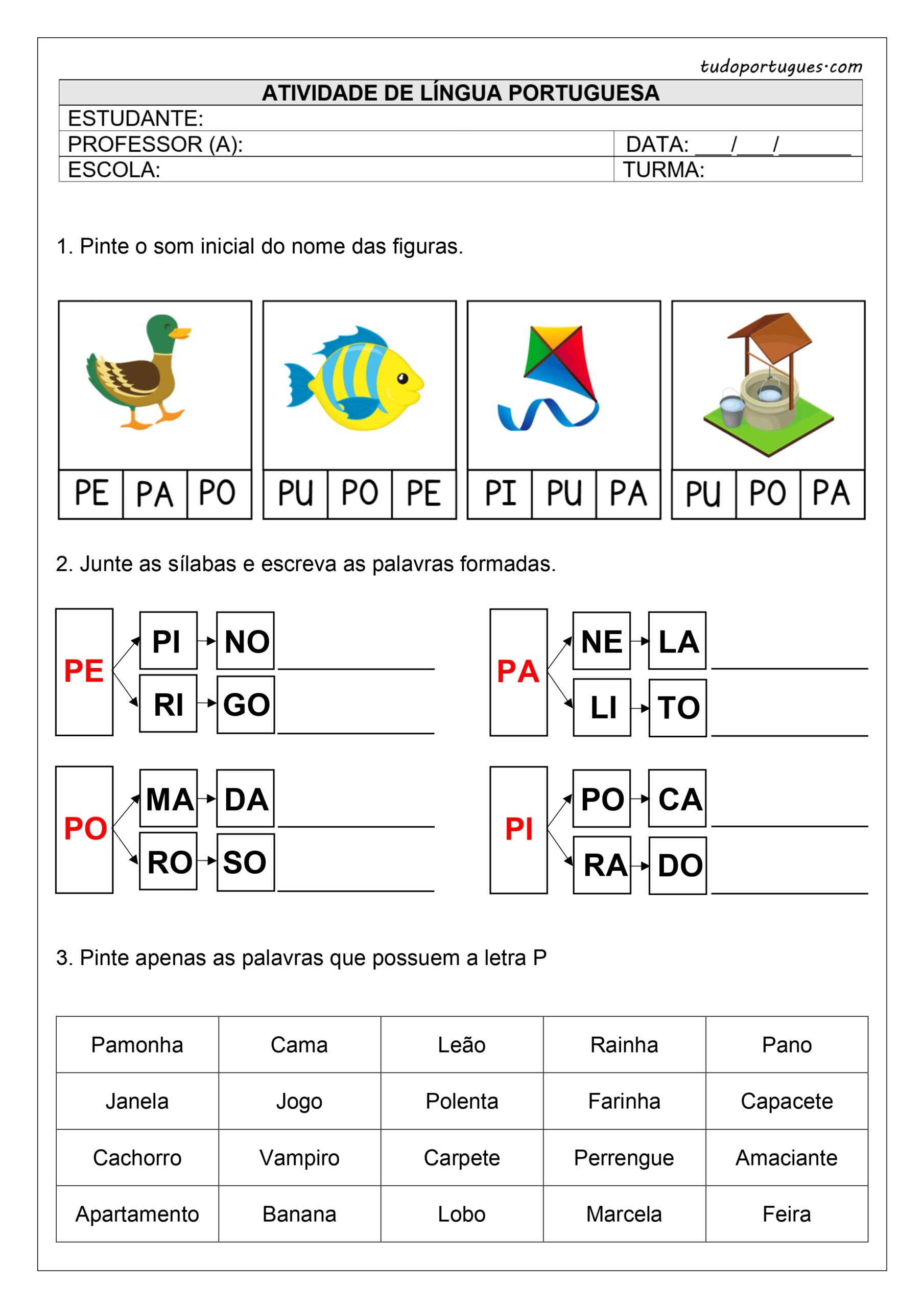 exercícios letra p alfabetização