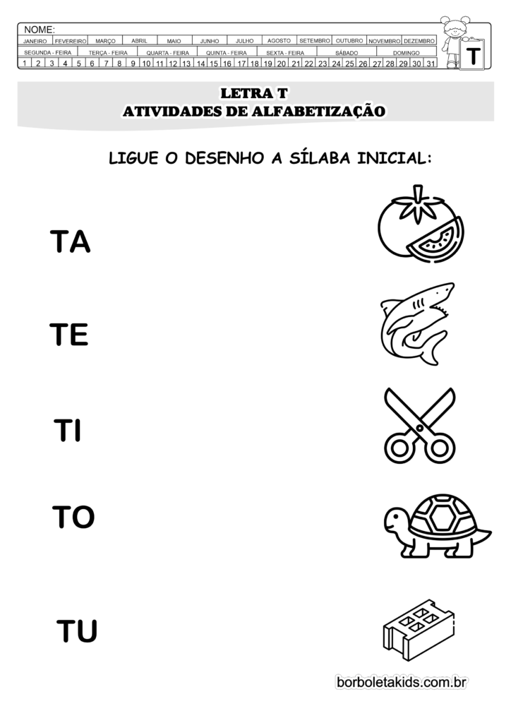 folhas de atividades letra t