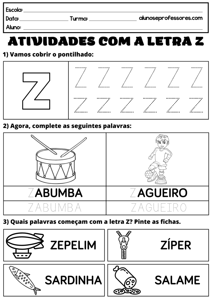 custo de materiais para atividades com a letra z