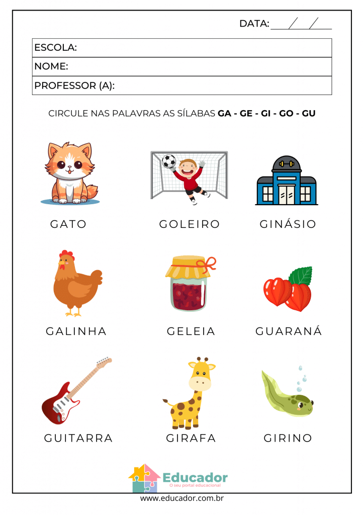 atividades de alfabetização com a letra g