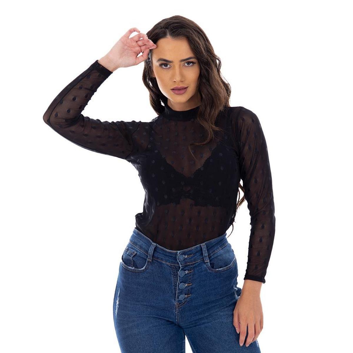 blusa de renda transparente preta