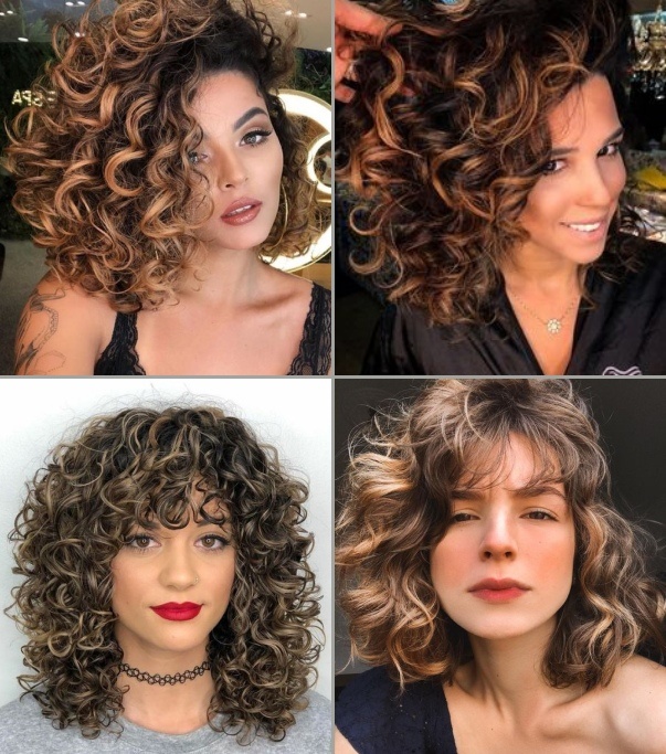 luzes mel em cabelo cacheado curto corte long bob