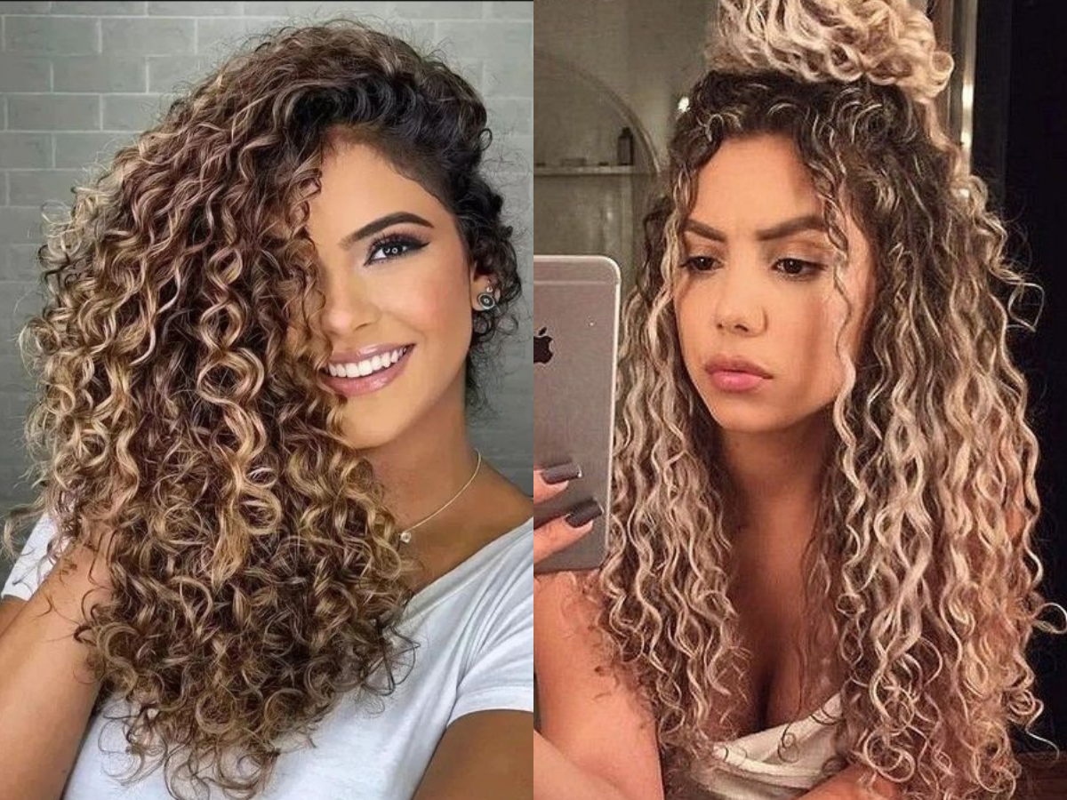 cabelo ondulado com luzes douradas