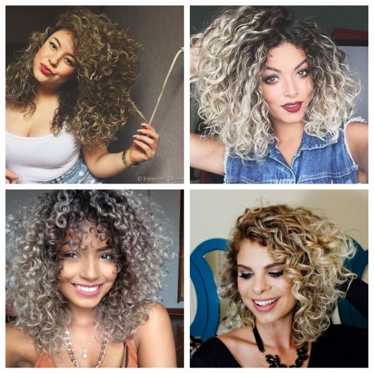 cabelos cacheados com luzes platinadas