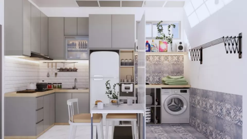 Organização de cozinha com lavanderia