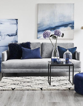 decoração de sala azul e cinza