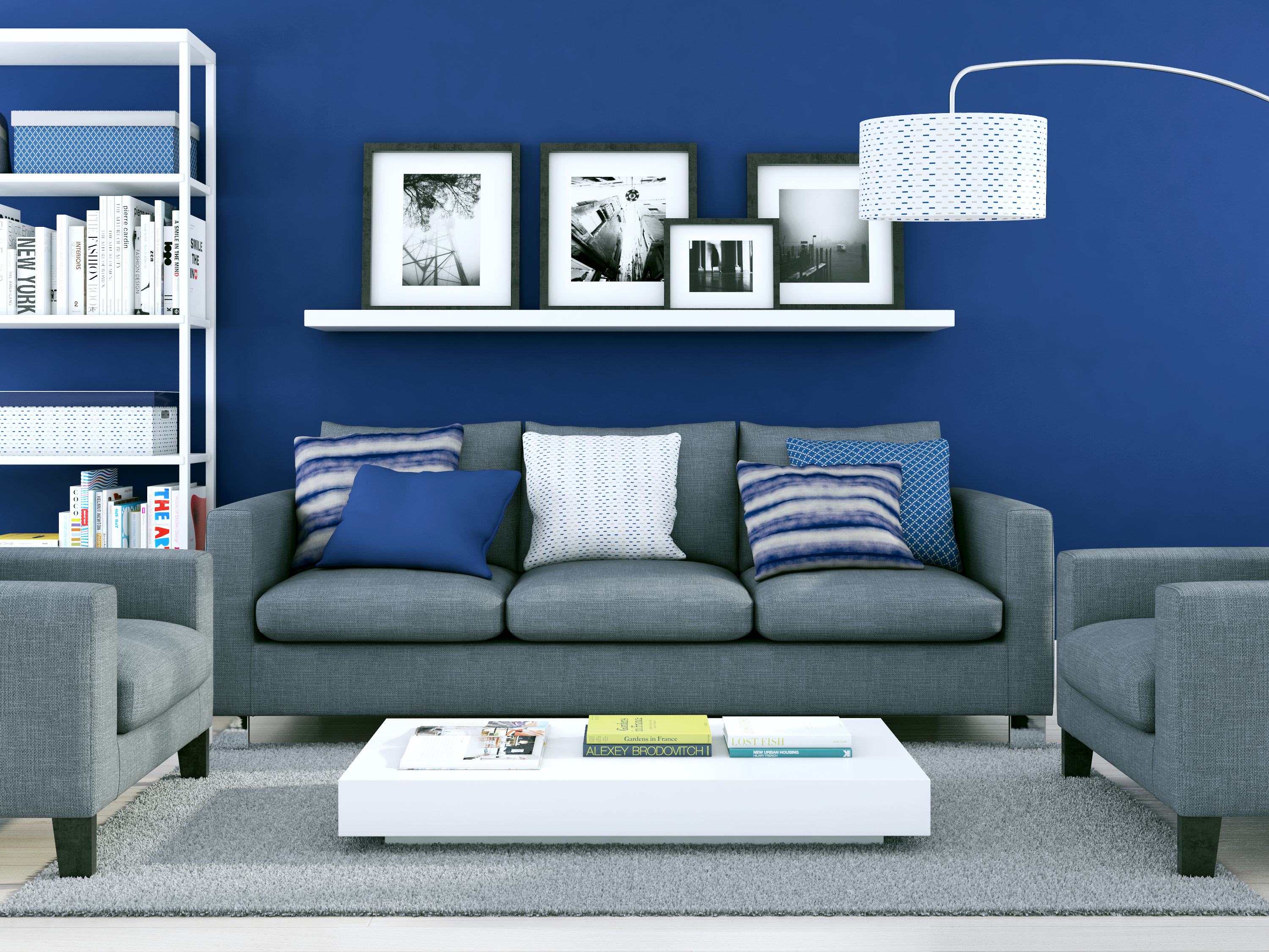 decoração de sala azul e cinza