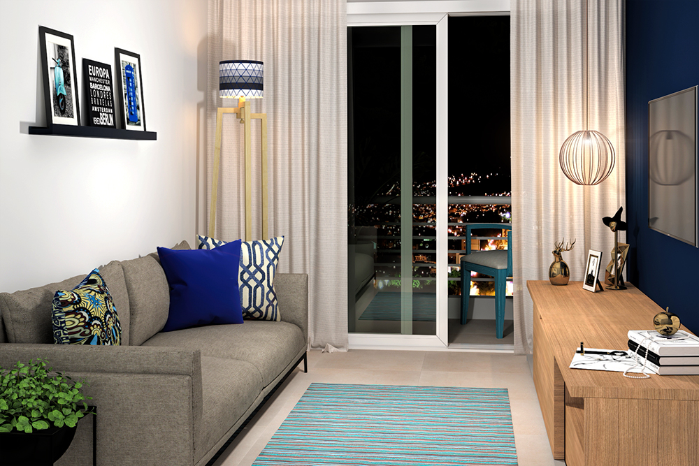 decoração de sala azul e cinza