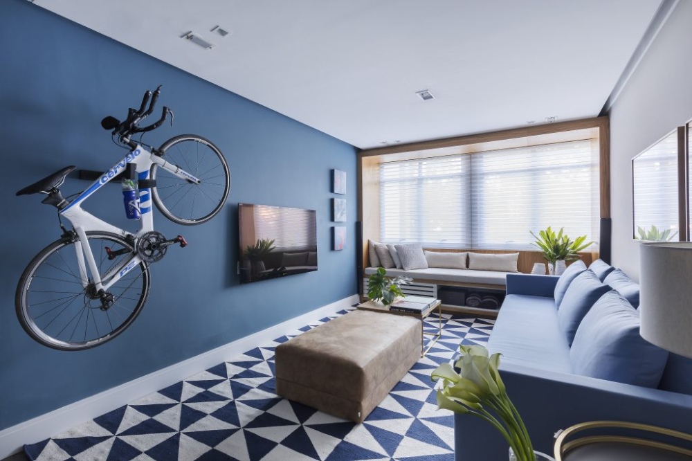 decoração de sala azul e cinza