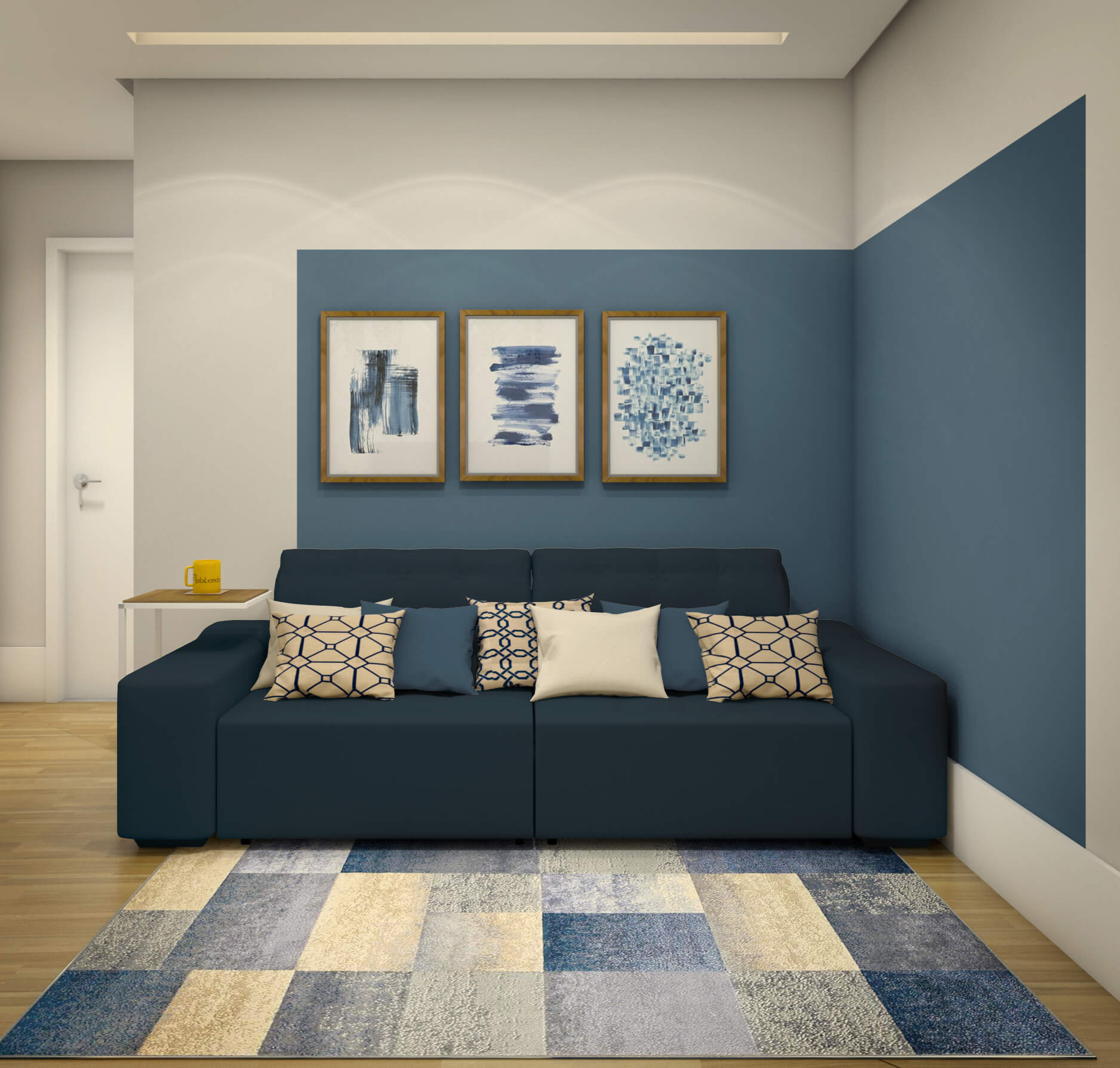 decoração de sala azul e cinza