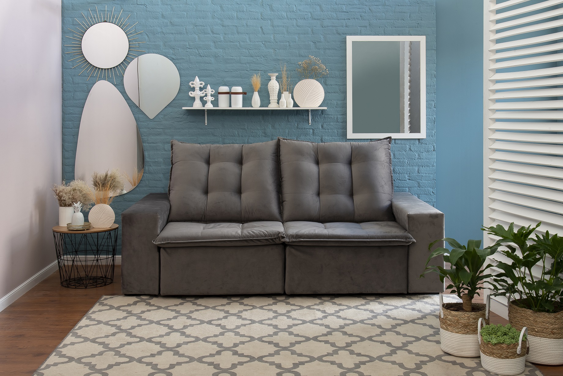 decoração de sala azul e cinza