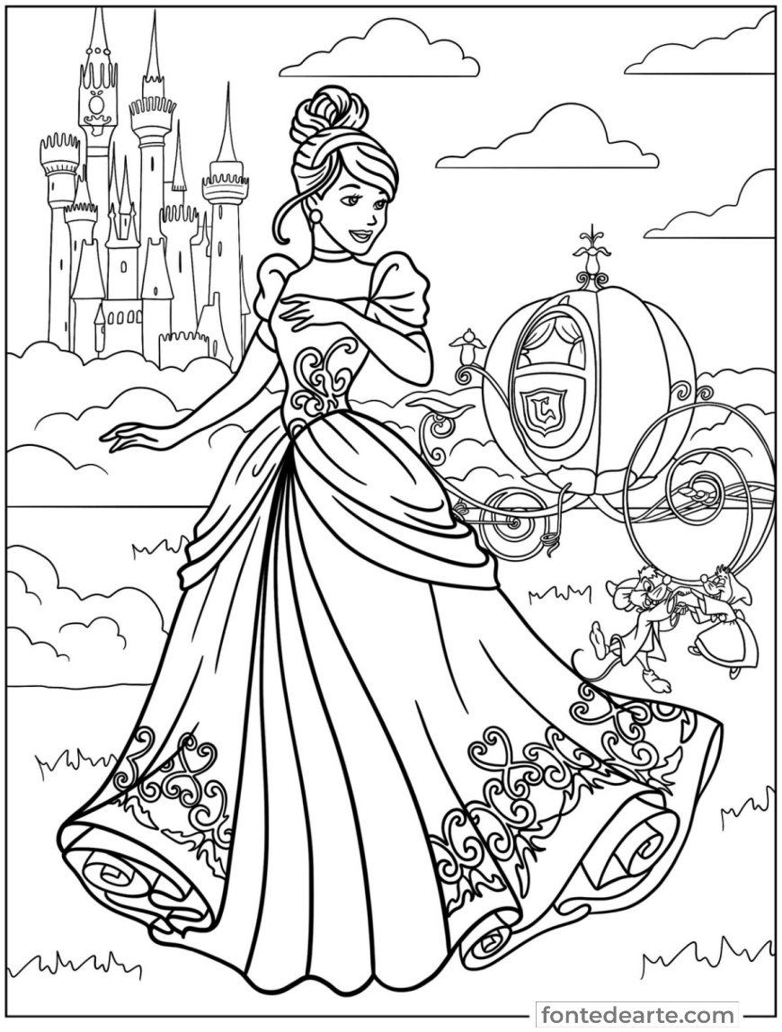 desenho da cinderela com o sapatinho de cristal para colorir