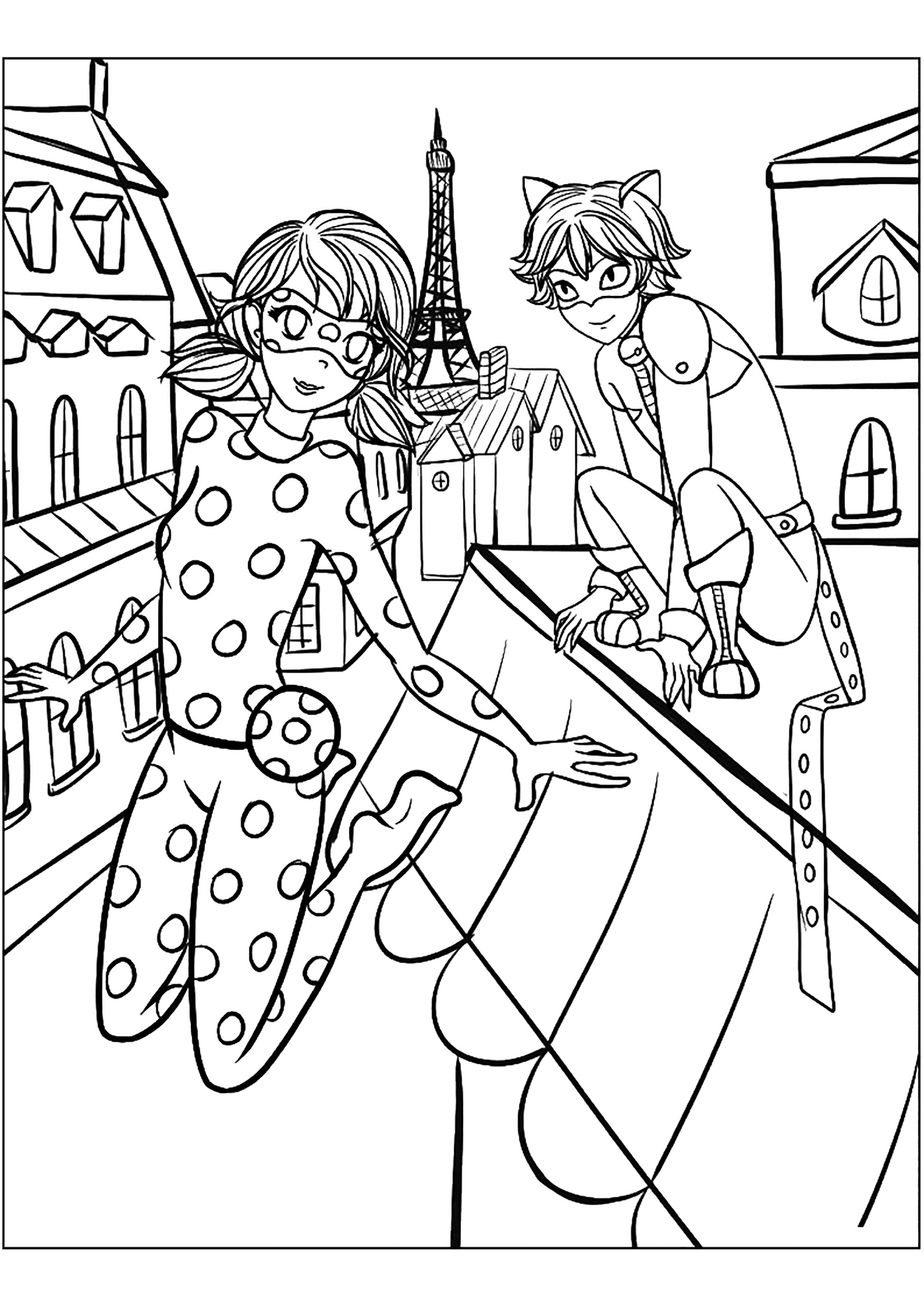 desenho para colorir cat noir e ladybug juntos