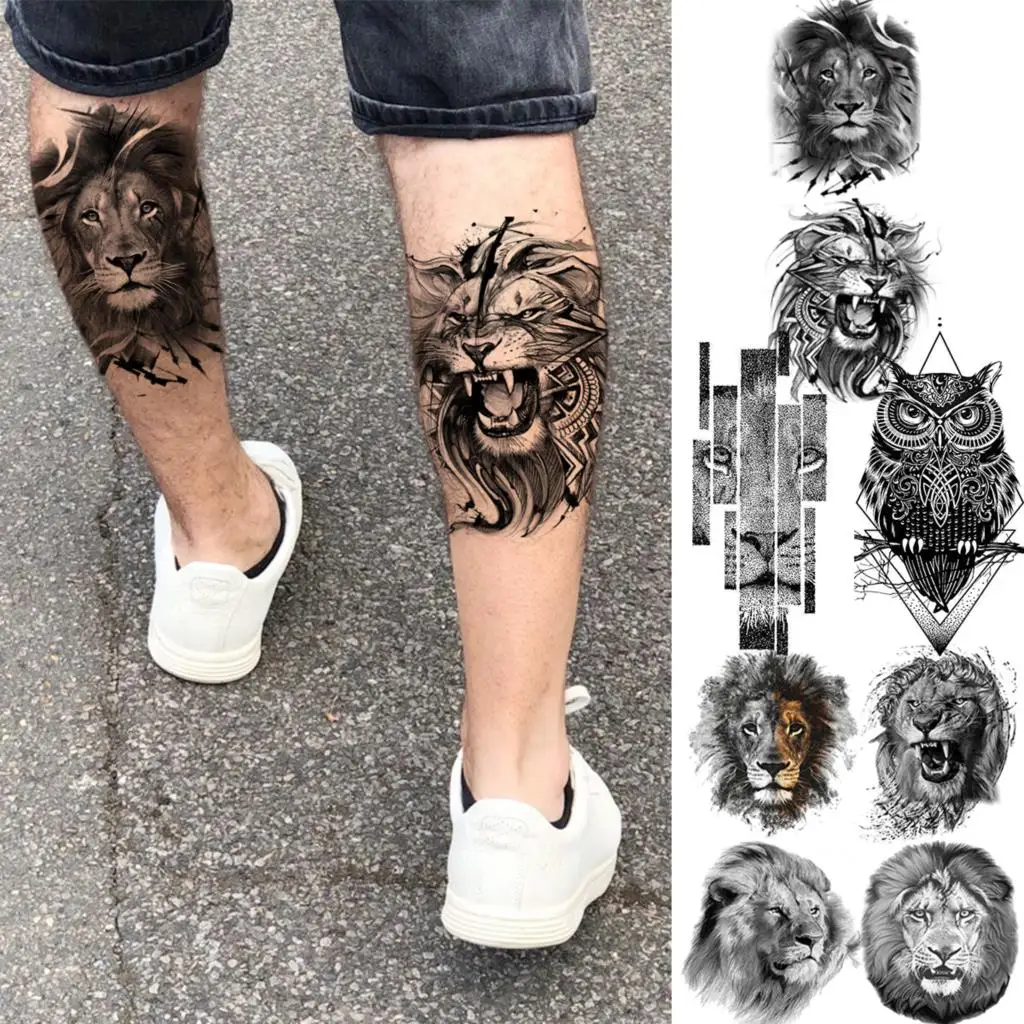 tatuagem de leão na panturrilha masculina