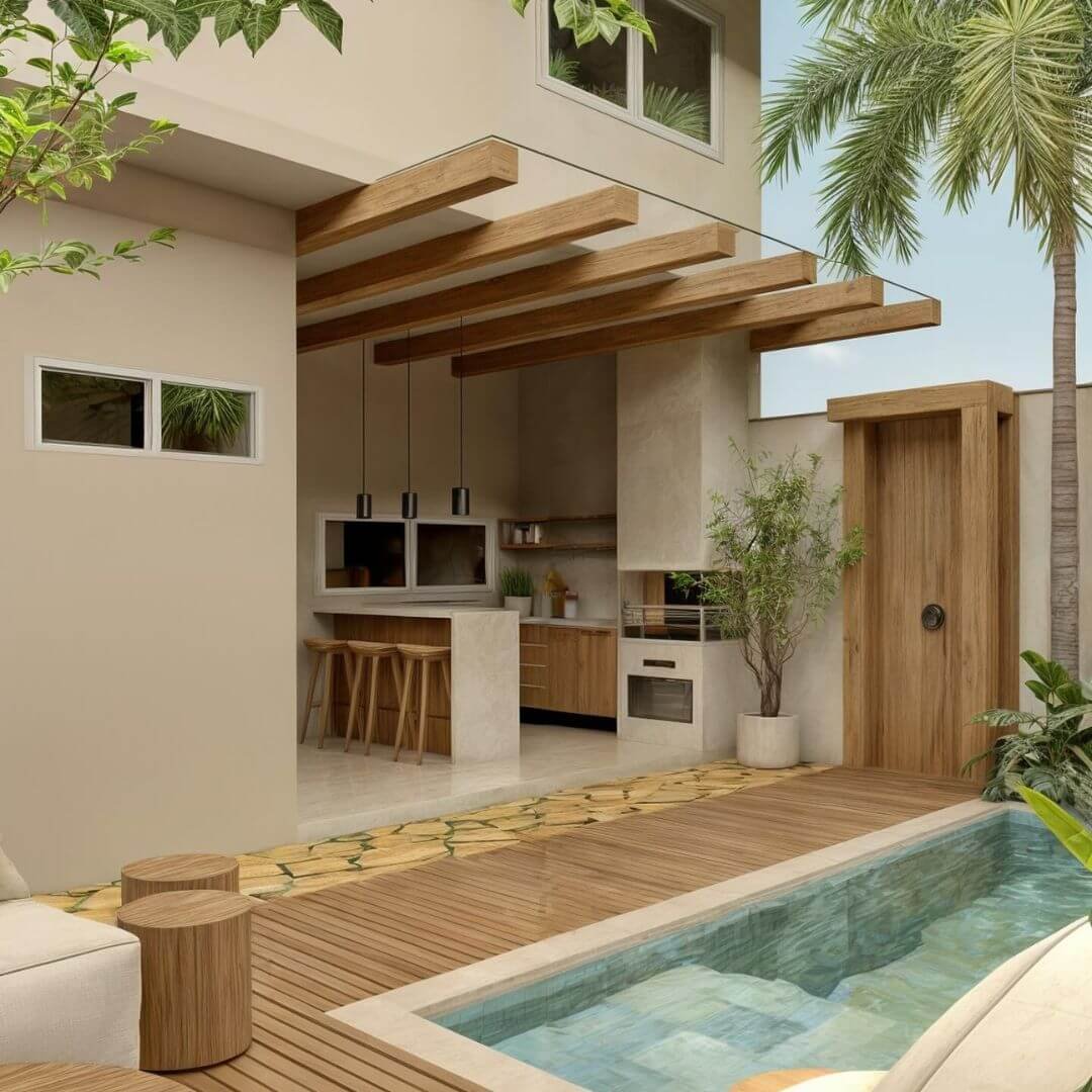 quintal com piscina e churrasqueira simples