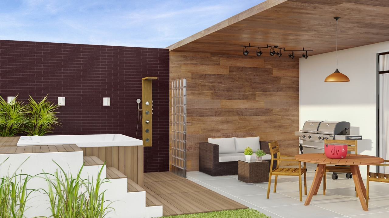 quintal com piscina e área gourmet integrada