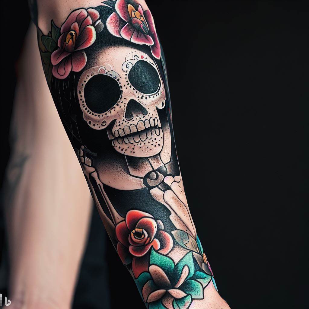 ideias tatuagem catrina feminina com flores