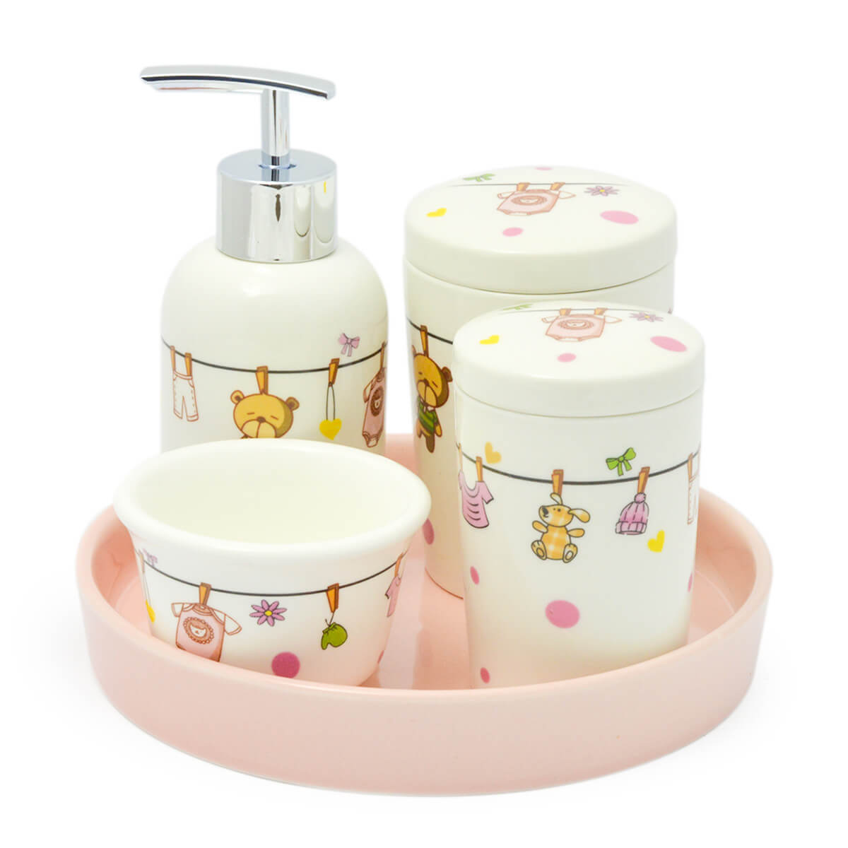 Kit higiene bebê porcelana com detalhes em dourado/prateado