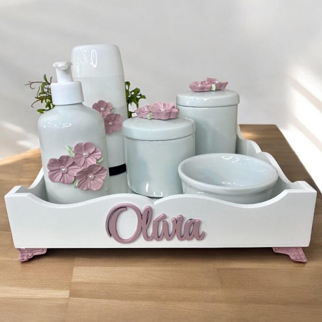 Kit higiene bebê porcelana com garrafa térmica