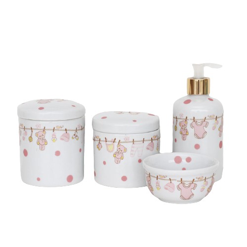 Kit higiene bebê porcelana com detalhes em dourado/prateado