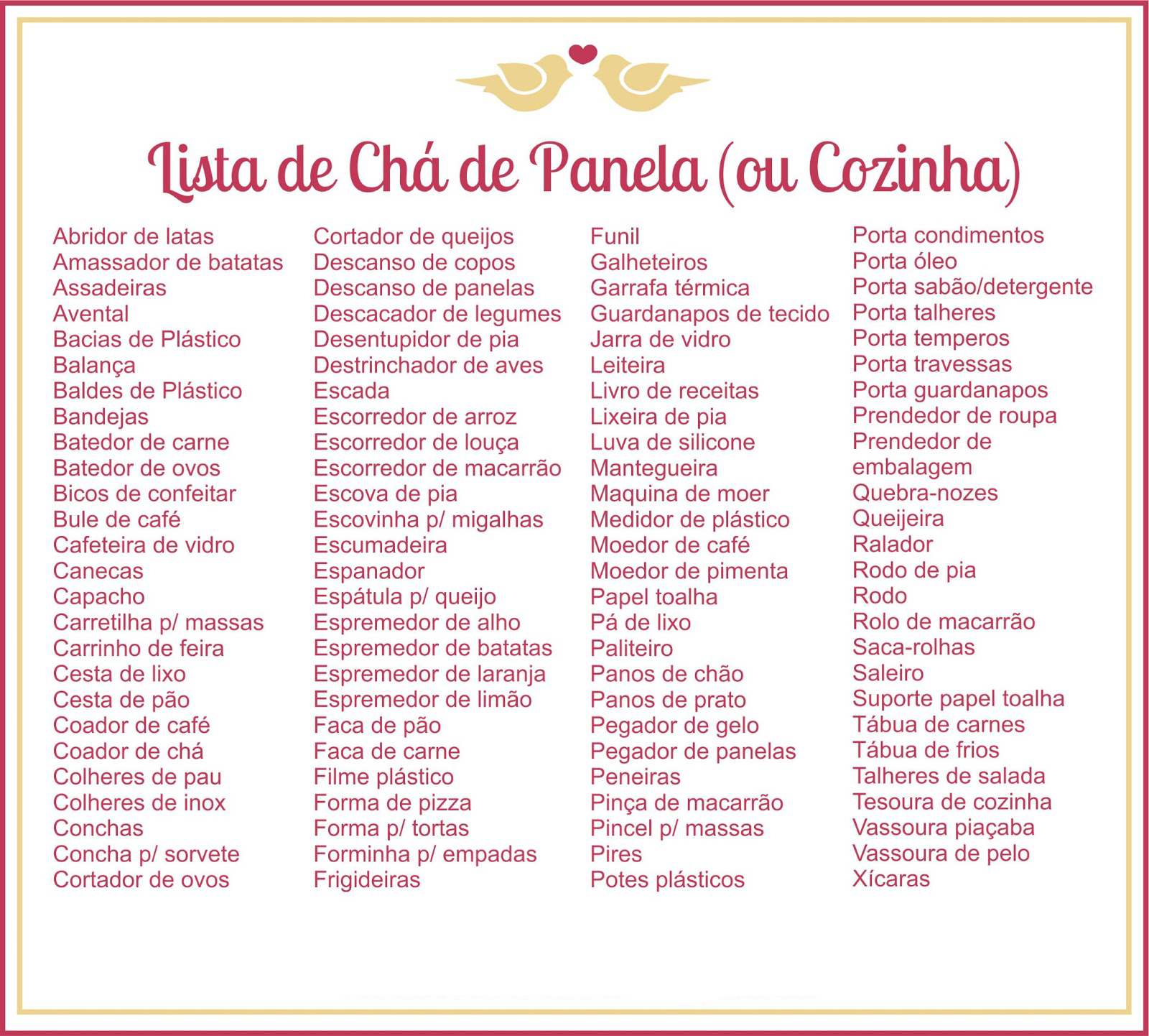 utensílios de cozinha para lista de presentes