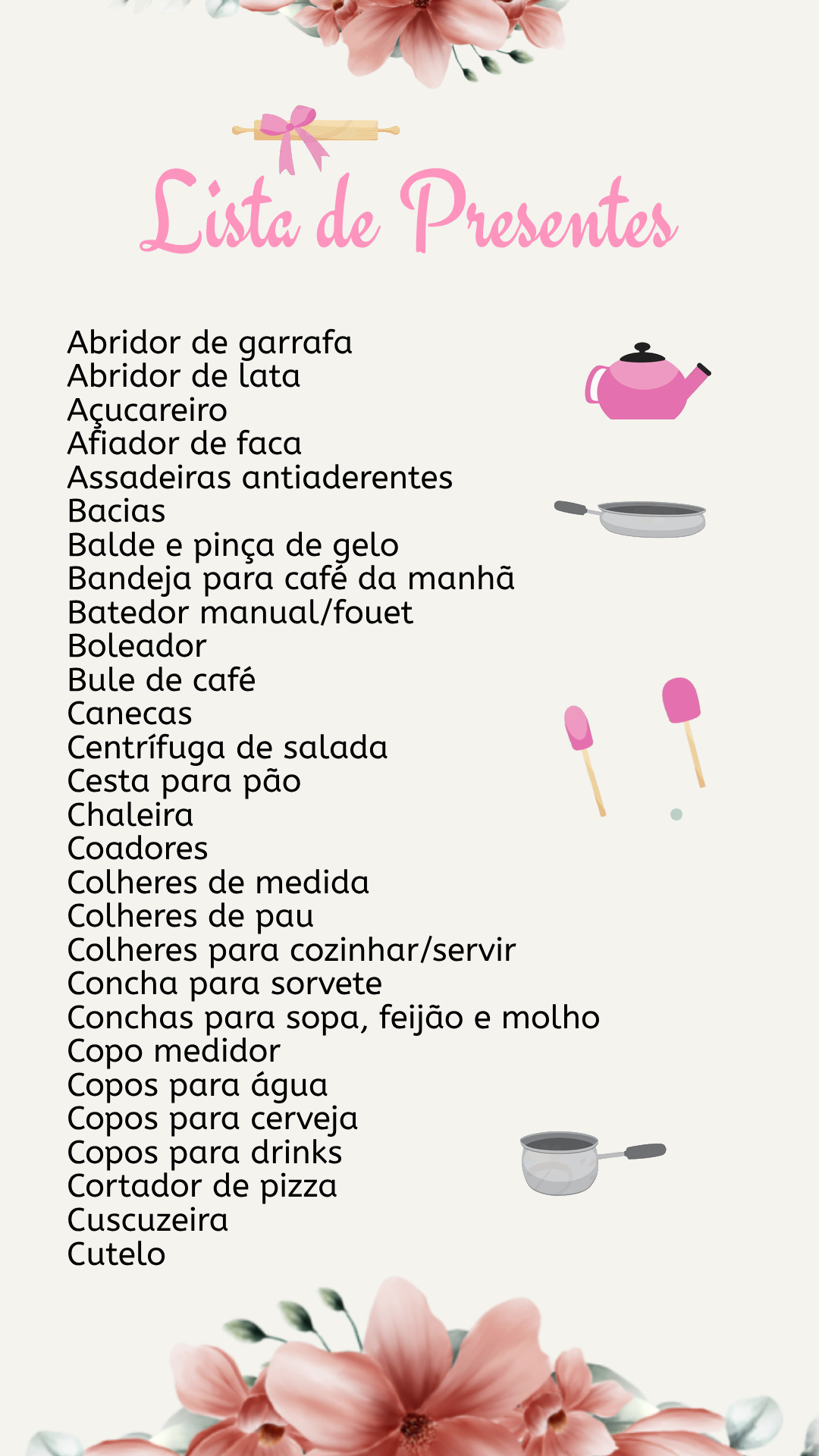 lista de chá de cozinha