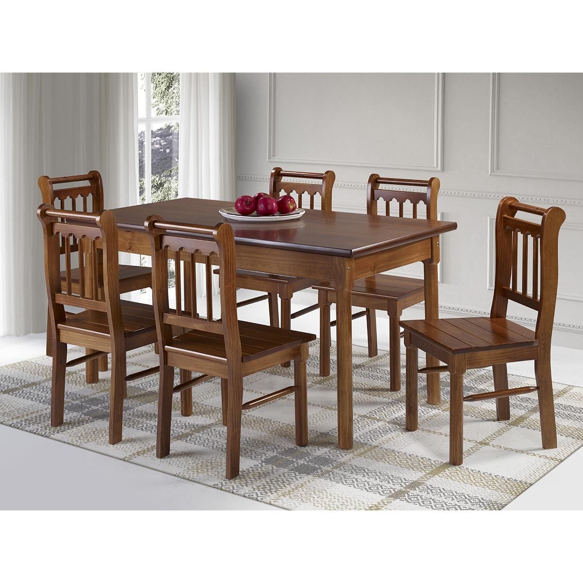 Mesa de jantar madeira maciça com cadeiras em veludo
