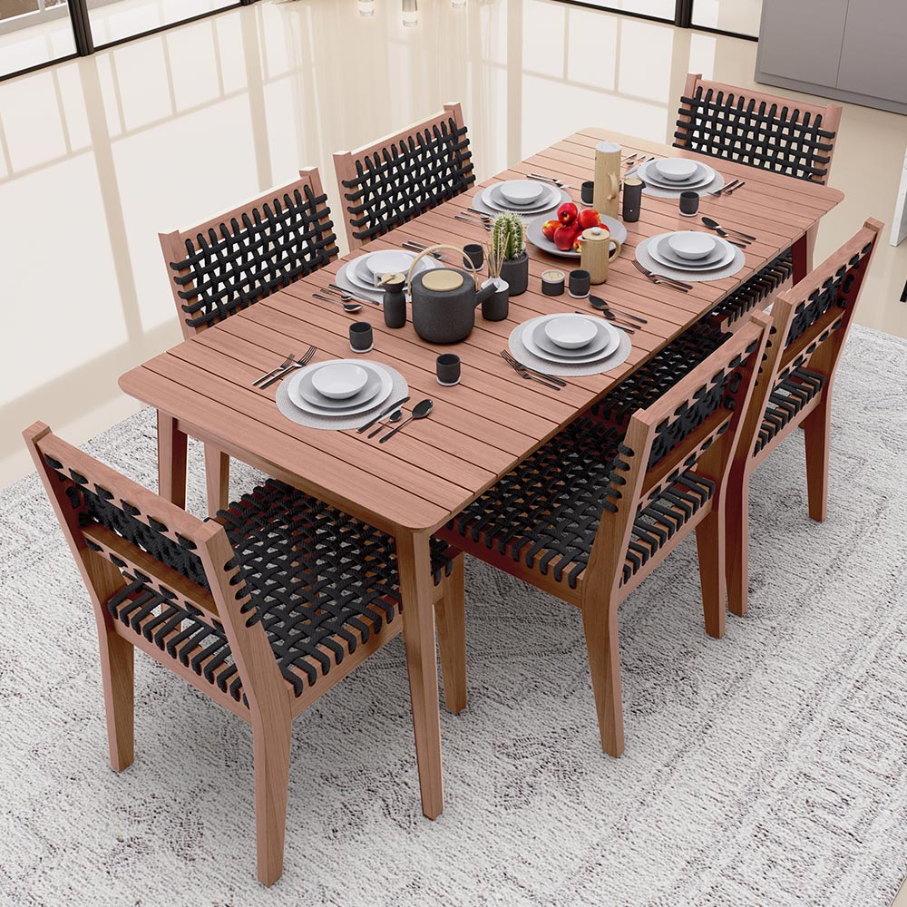 Mesa de jantar madeira maciça com cadeiras estofadas
