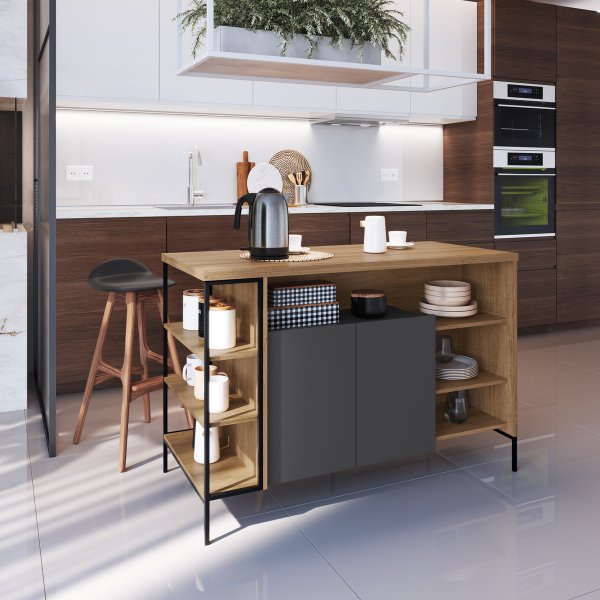 cozinha integrada com ilha e mesa