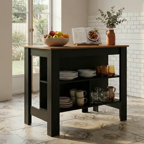 cozinha integrada com ilha e mesa
