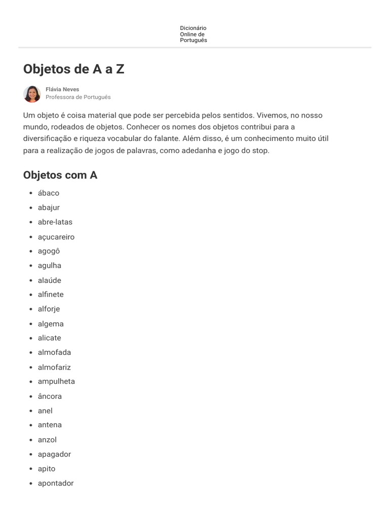 nome de objetos com a letra a