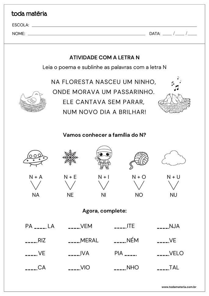 palavras com n para crianças