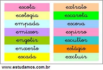 vocabulário com a letra e