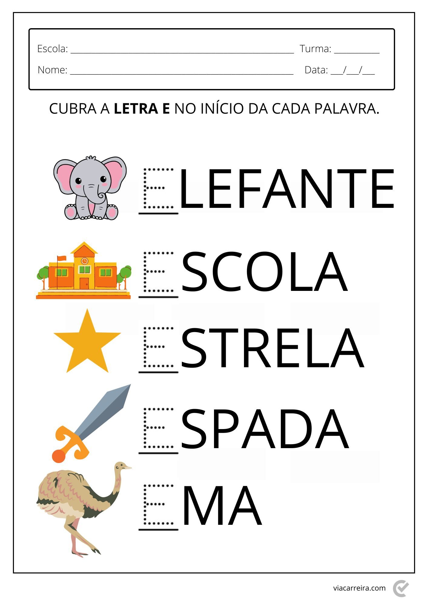 objetos com a letra e