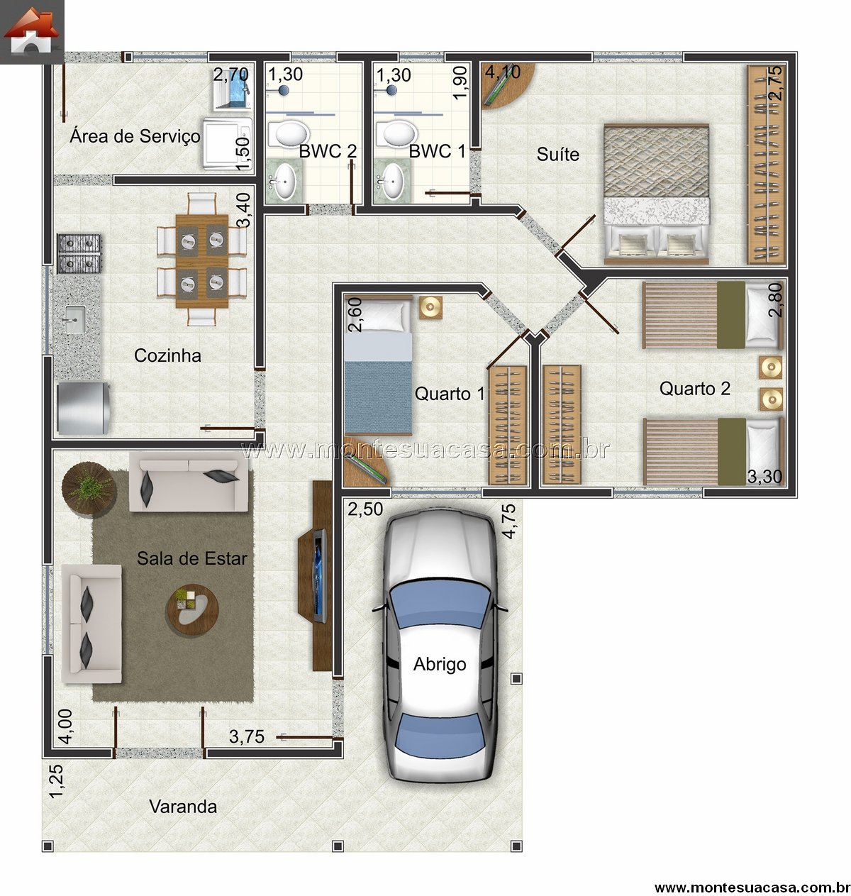 plantas de casas 3 quartos com suíte