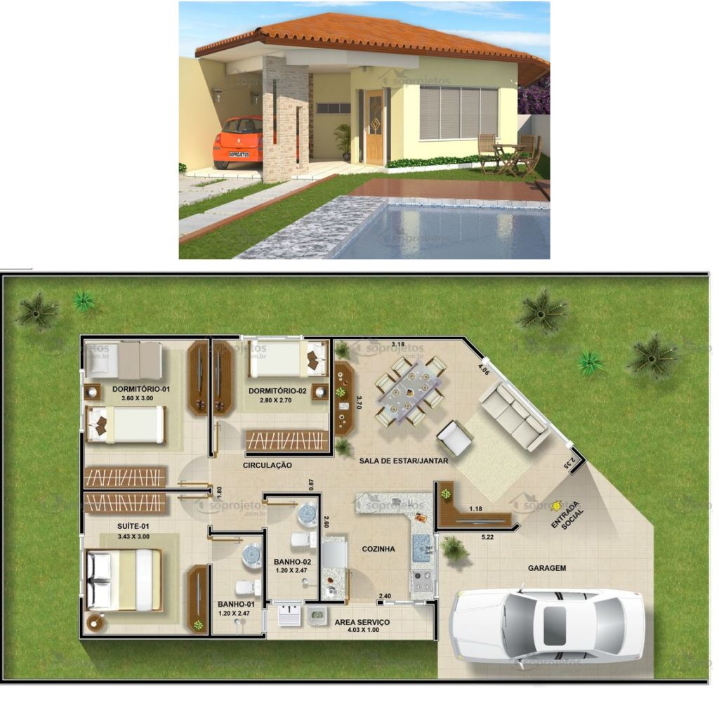 plantas de casas 3 quartos modernas