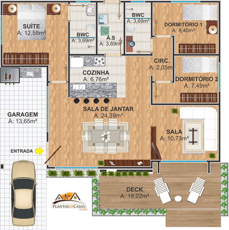 plantas de casas 3 quartos com varanda gourmet