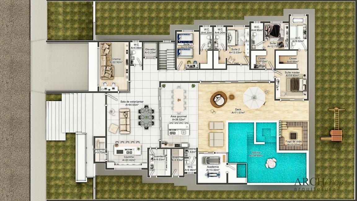 plantas de casas com piscina para chácara 4 quartos