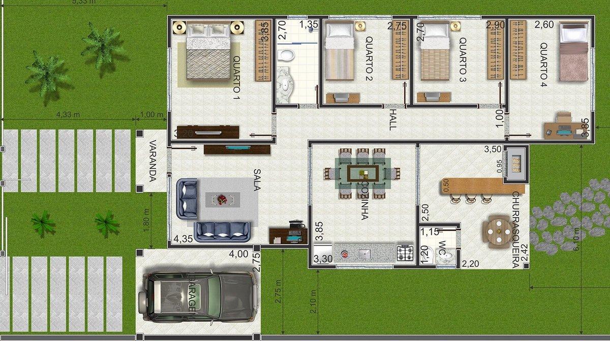 plantas de casas de campo com 4 quartos e orientação solar ideal