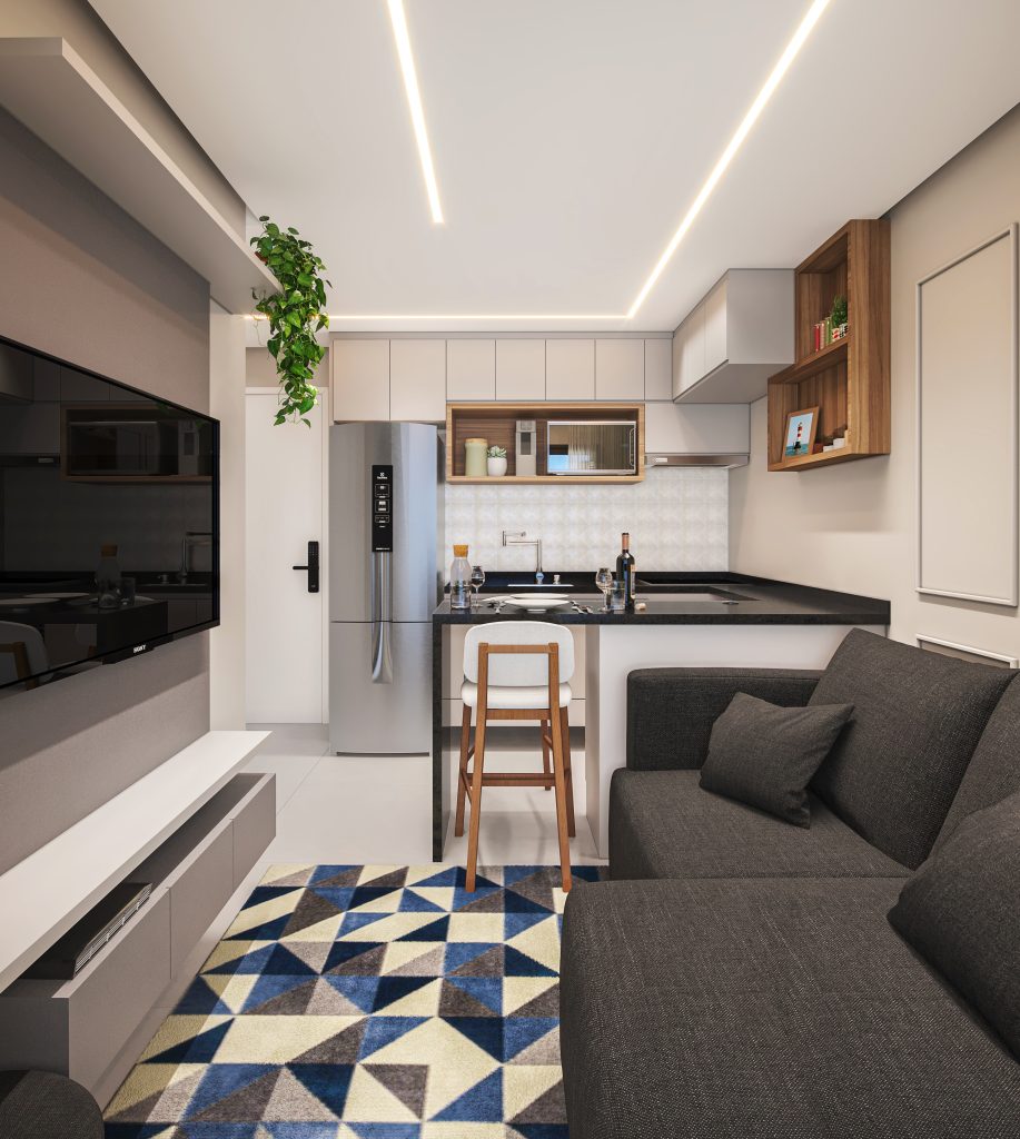 sala e cozinha integrada simples