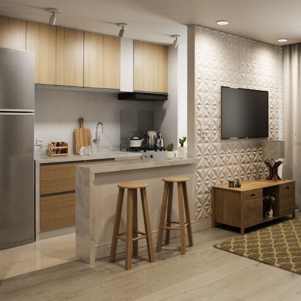 projeto sala e cozinha americana simples